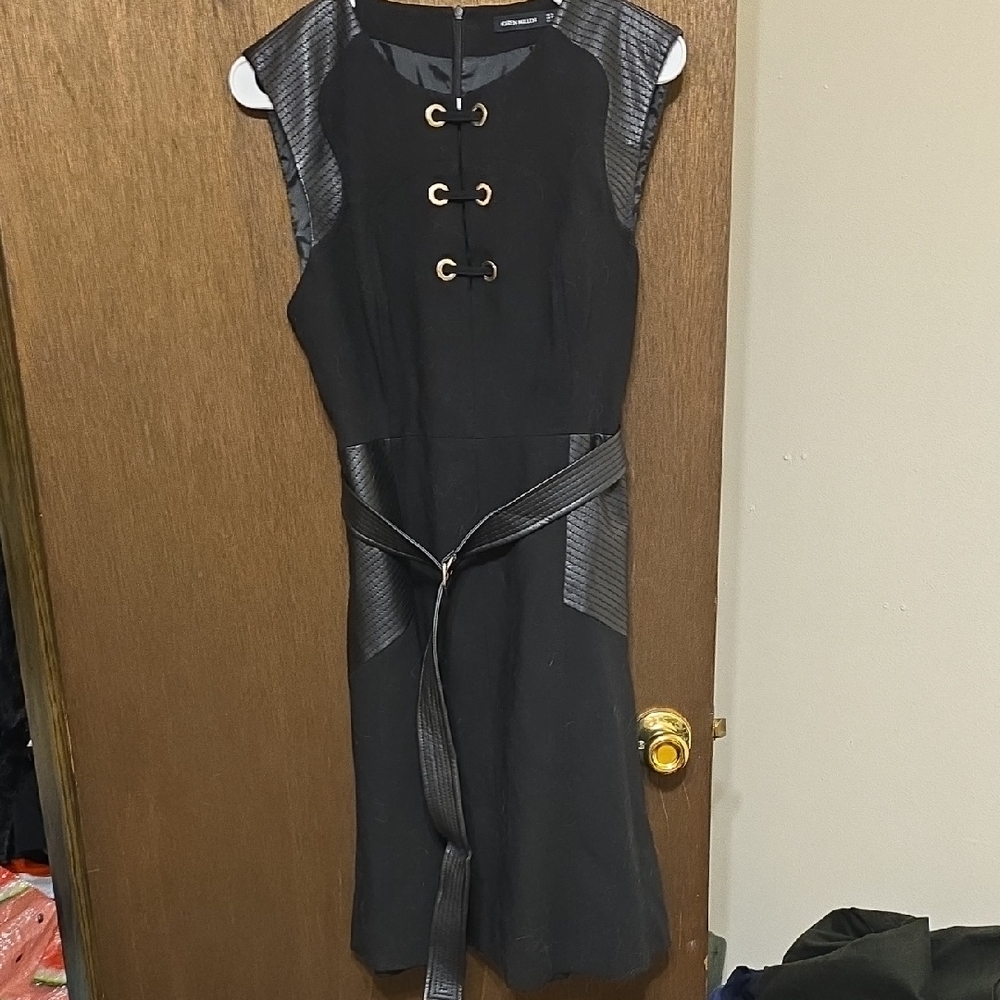 Karen Millen Black Midi Dress with Belt and Grommet Details